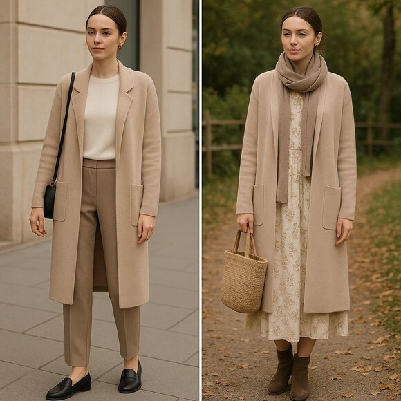 Women’s Beige Knit Long Cardigan S – Quiet Luxury Layering Cottagecore Neutral - Picture 1 of 7